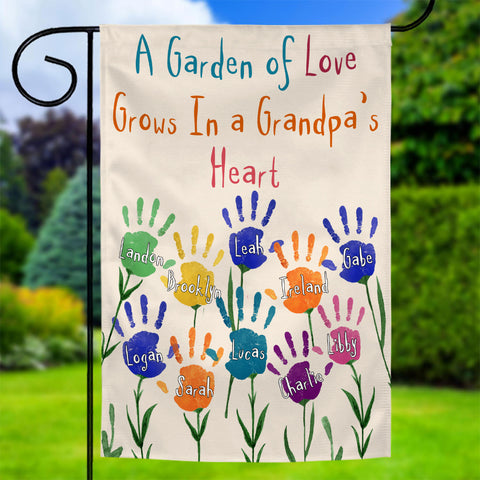 Grandma Gifts, A Garden Grows In Grandpas Heart Custom Banner, Custom Kids Names Garden Flag, Outdoor Flower Yard Decor, Home Floral Decoration, Handprint Decor, Personalized Garden Flag, Gifts For Nana From Grandkids, Double Sided Outside Welcome Flag, G
