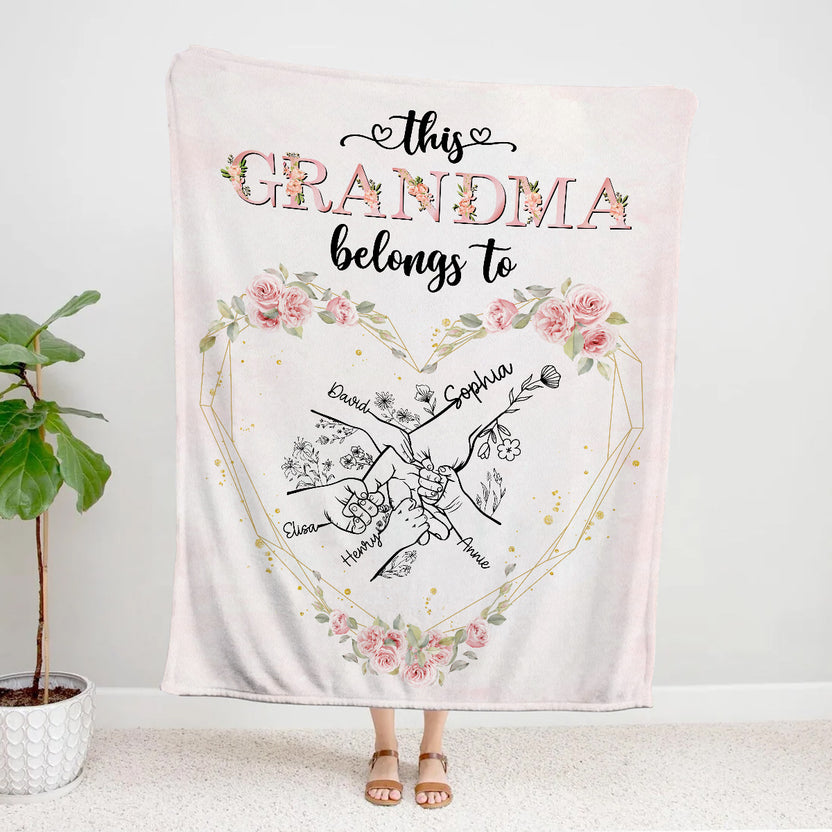 Grandma Gifts, This Grandma Belongs To Hand In Hand Heart Unique, Personalized Blanket, Funny Gifts For Grandma Nana From Grandkids, Custom Fleece Sherpa Blanket, Gifts For Birthday