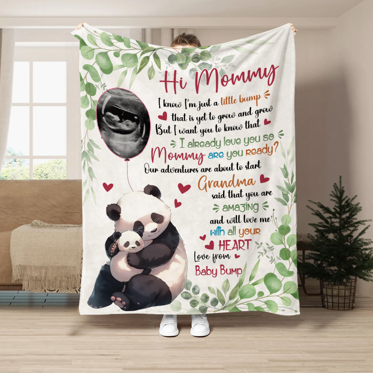 I Already Love You Leaf Mommy Baby Panda With Balloon Green Leaf, Personalized Blanket, Gifts For Mom To Be, Fleece Sherpa, New Mom Blanket, Gifts For Mother's Day