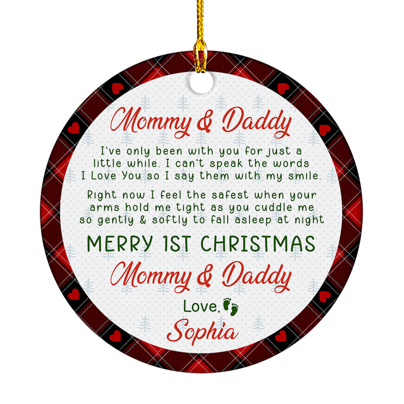 Merry 1st Christmas As Mommy And Daddy Red Plaid Pattern, Baby’s 1st Christmas Ornament, Personalized Newborn Gift, Custom Plaid Keepsake