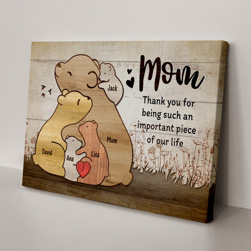 Gifts For Mom, Thanks For Being Such An Piece Of Our Life Mommy Kids Bear Wooden Pieces Canvas Wall Art, Gifts From Daughter Son, Poster Prints Wall Decor, Gifts For Mothers Day Xmas