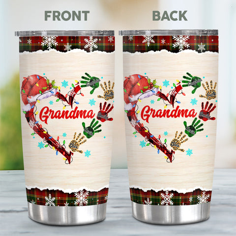 Grandma Christmas Tumbler, Personalised Grandchildren Names Travel Cup, Festive Winter Drinkware, Christmas Handprint Grandkid Name Travel Cup, Personalized Tumbler, Gifts For Nana Mama