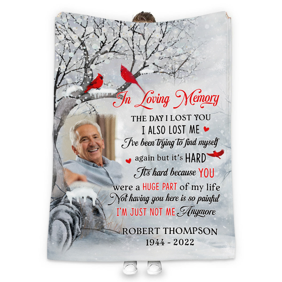 Sympathy Gifts, Personalized Memorial Blanket With Photo, In Loving Memory Tree Red Birds I Lost You I've Been Trying To Find Myself, Loss Of Dad Grandpa Blanket, Fleece Sherpa, Funeral