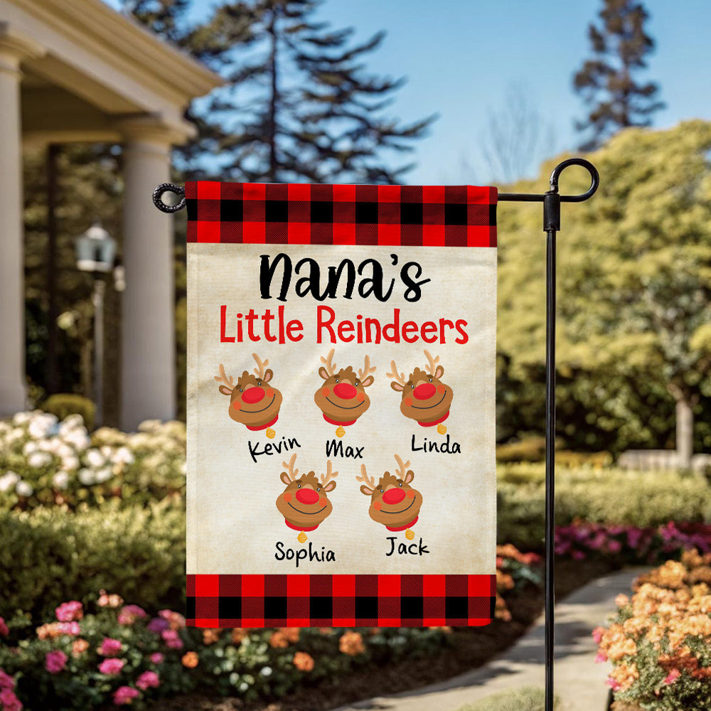 Nana's Little Reindeers Garden Flag, Custom Grandkids Names Outdoor Banner, Red Plaid Yard Decor, Christmas Reindeer Names Yard Sign, Holiday Decor Garden Flag, Gifts For Grandkids