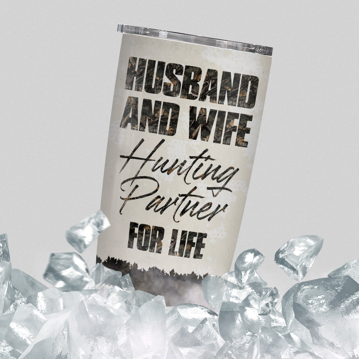 Buck And Doe Camo Pattern Deer Hunting Couple Husband And Wife Hunting Partner For Life, Personalized Tumbler, Gifts For Him Her, Custom 20oz With Lid Travel Cup, Gifts To Valentine