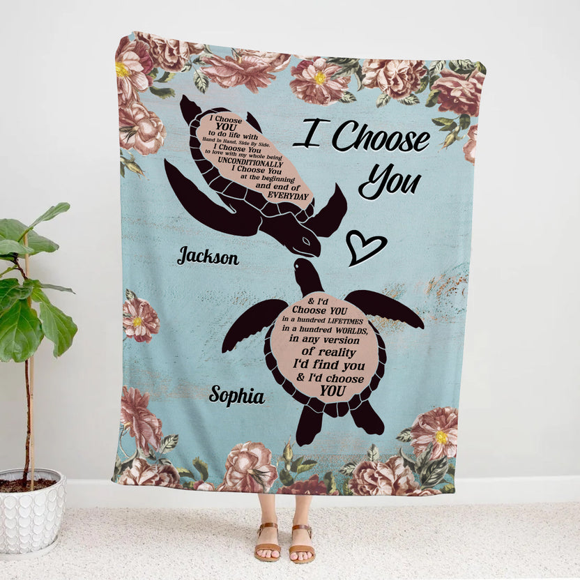 Sea Turtle Couple Floral Silhouette Vintage I'd Find You & I'd Choose You, Personalized Blanket, Gifts For Him Her Honey, Custom Fleece Sherpa Blanket, Gifts For Valentine Anniversary