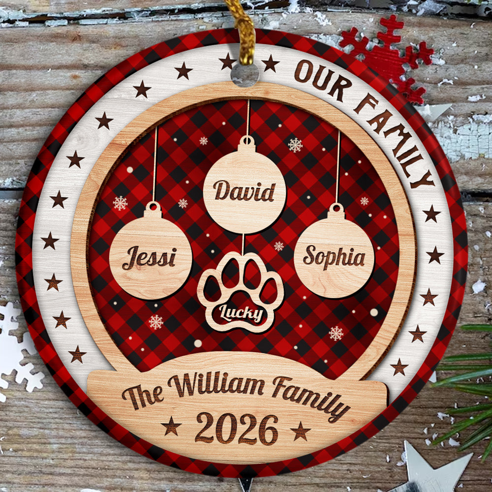 Personalized Ornament For Parents Grandparents Kids Grandkids Family Gifts Our Family Bauble Pawprint With Names Red Plaid Snowflake, Dog Lover Tree Decor Keepsake, Custom Names