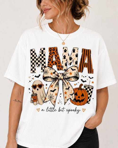 Halloween Mama Shirt, Spooky Mama Bow T Shirt, Mom Halloween Tee, Cute Ghost Pumpkin Shirt, Unisex Crewneck Pullover Tee, Casual Clothing