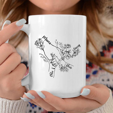 Grandma Gifts, Nana Ever Holding Hands Holding Nana's Hand Flower, Personalized Coffee Mug, Gifts For Gigi From Grandkids, With Multi Kids Ceramic Cup 11 15oz, Gifts For Mother's Day