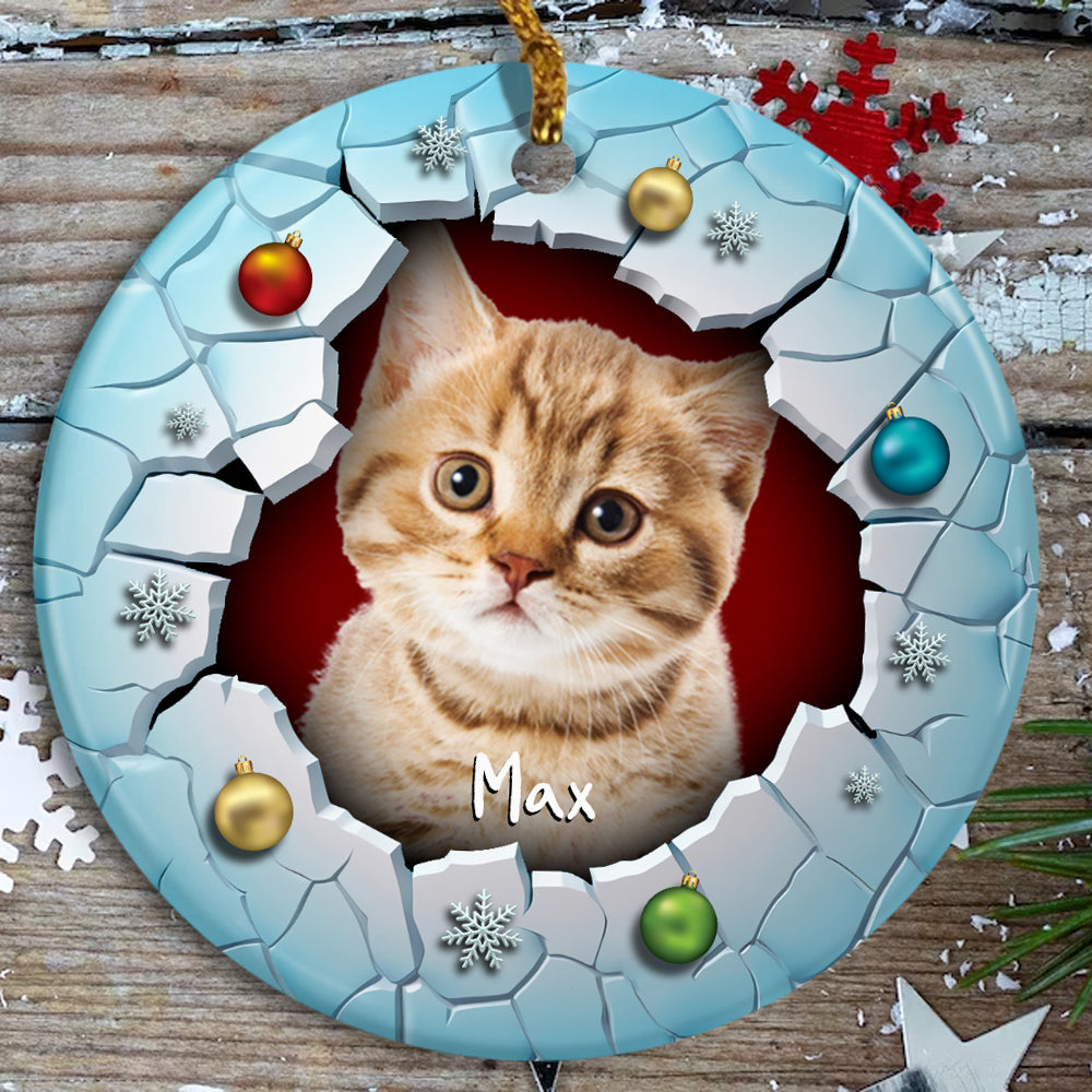 Fluffy Cat Christmas Ornament 3d Break Through Circle Circle Ceramic/ Plastic Design, Custom Name Pet Decoration, Holiday Keepsake Gifts, Personalized Christmas Ornament, Gifts For Cat