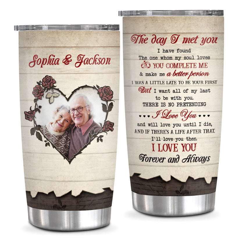 The Day Met You I Have Found The One My Soul Loves Old Couple Vintage, Personalized Photo Tumbler, Gifts For Him Her From Honey, 20oz With Lid Travel Cup, Gifts For Valentine
