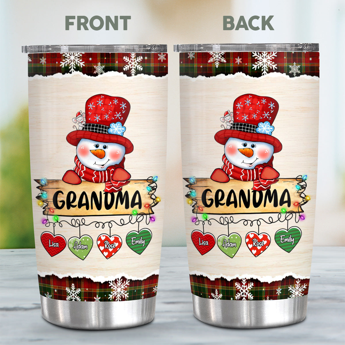 Custom Grandma Tumbler, Christmas String Lights Grandchildren Name, Winter Drinkware Cup, Personalised Grandma Xmas Stainless Steel Cup, Personalized Tumbler, Gifts For Nana Grandmother