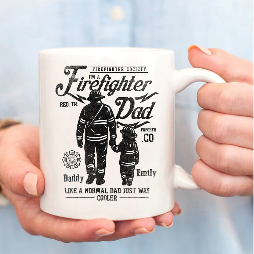 Personalized Coffee Mug For Fireman From Girls Fireman Gifts Ideas Firefighter Dad, Like A Normal Dad Just Way Cooler Father And Daughter Silhouette Ceramic 11 15oz Cup For Birthday