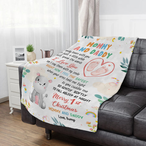 Merry 1st Christmas Mommy Daddy I've Only Been With You A While Footprint Baby Hippo, Personalized Blanket, Gifts For New Parents, Fleece Sherpa Blanket, New Parents, Gifts For Xmas