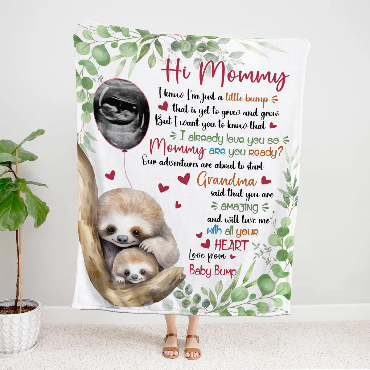 I Already Love You Leaf Mommy Baby Sloth With Balloon Green Leaf, Personalized Blanket, Gifts For New Mommy, Fleece Sherpa, New Mom Blanket, Gifts For Mother's Day