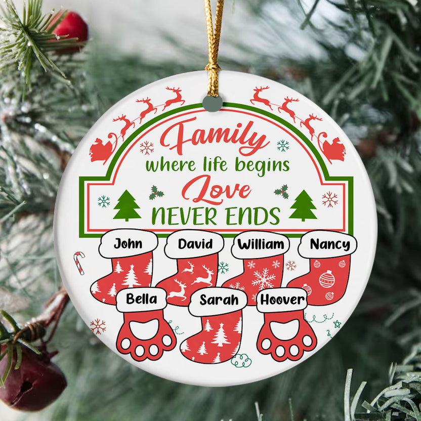 Family Gifts, Family Life Begin Love Not Ends Cute Stocks With Names Hanging, Personalized Ornament, Gifts For Parents Grandparents From Kids Grandkids, Family Ornament