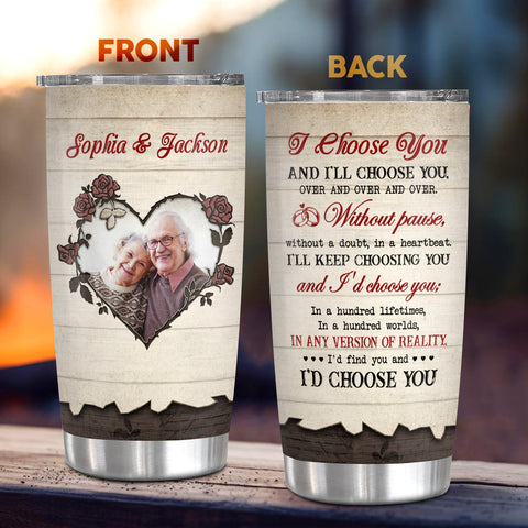 His And Hers Gifts, I'd Choose You Romantic Couple Flowers Heart Frame Wooden, Personalized Photo Tumbler, Gifts For Him Her From Darling, 20oz With Lid Travel Cup For Valentine