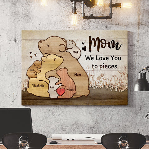 Gifts For Mom, Cute Wooden Pieces Bears Mommy With 5 Kids Hugging, Personalized Canvas Wall Art, Gifts For Mommy Women From Kids Children, Poster Prints Wall Decor, Gifts For Xmas
