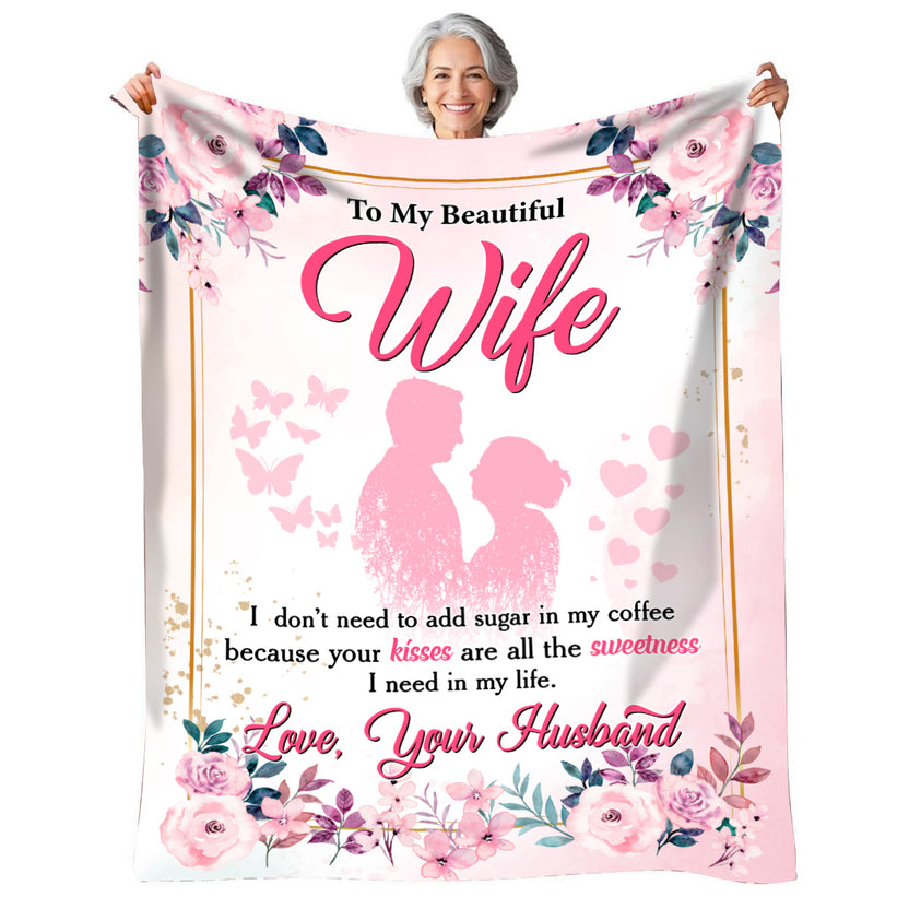 To My Beautiful Wife Blanket, Romantic Floral Love, Sweet Quote, Pink Butterflies Design, Personalized Wife Keepsake, Personalized Blanket, Gifts For Him Her  Custom Fleece Sherpa