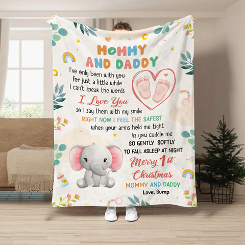 Merry 1st Christmas Mommy Daddy I've Only Been With You A While Footprint Baby Elephant, Personalized Blanket, Gifts For New Parents, Fleece Sherpa Blanket, New Parents Xmas Christmas