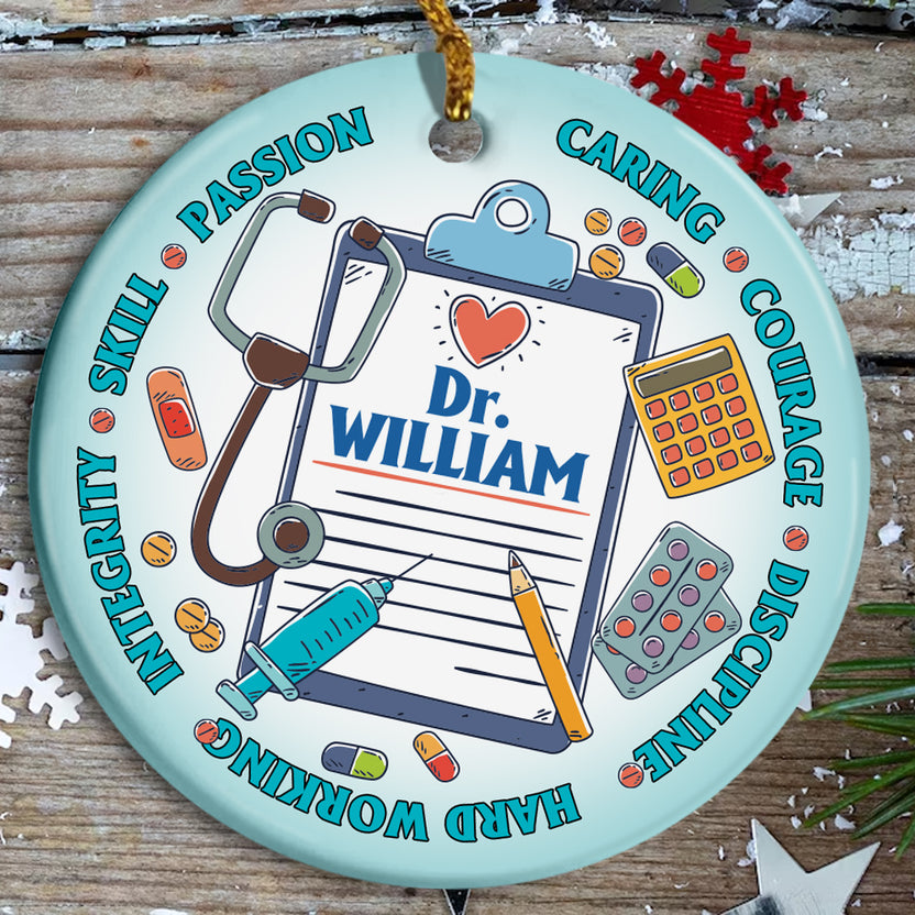 Personalized Name Doctor Christmas Ornament, Thank You Keepsake Gifts For Retirement, Doctor's Day, Skill, Passion, Caring, Courage, Discipline, Hard Working, Integrity, Compassion