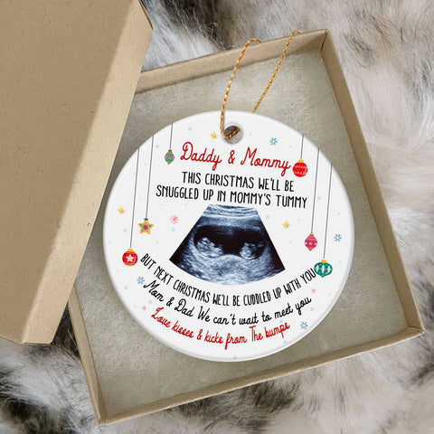 Twins Ultrasound Ornament, Daddy & Mommy Christmas Quote, Custom Sonogram Photo, Pregnancy Reveal Gift, Expecting Parents Ceramic Keepsake