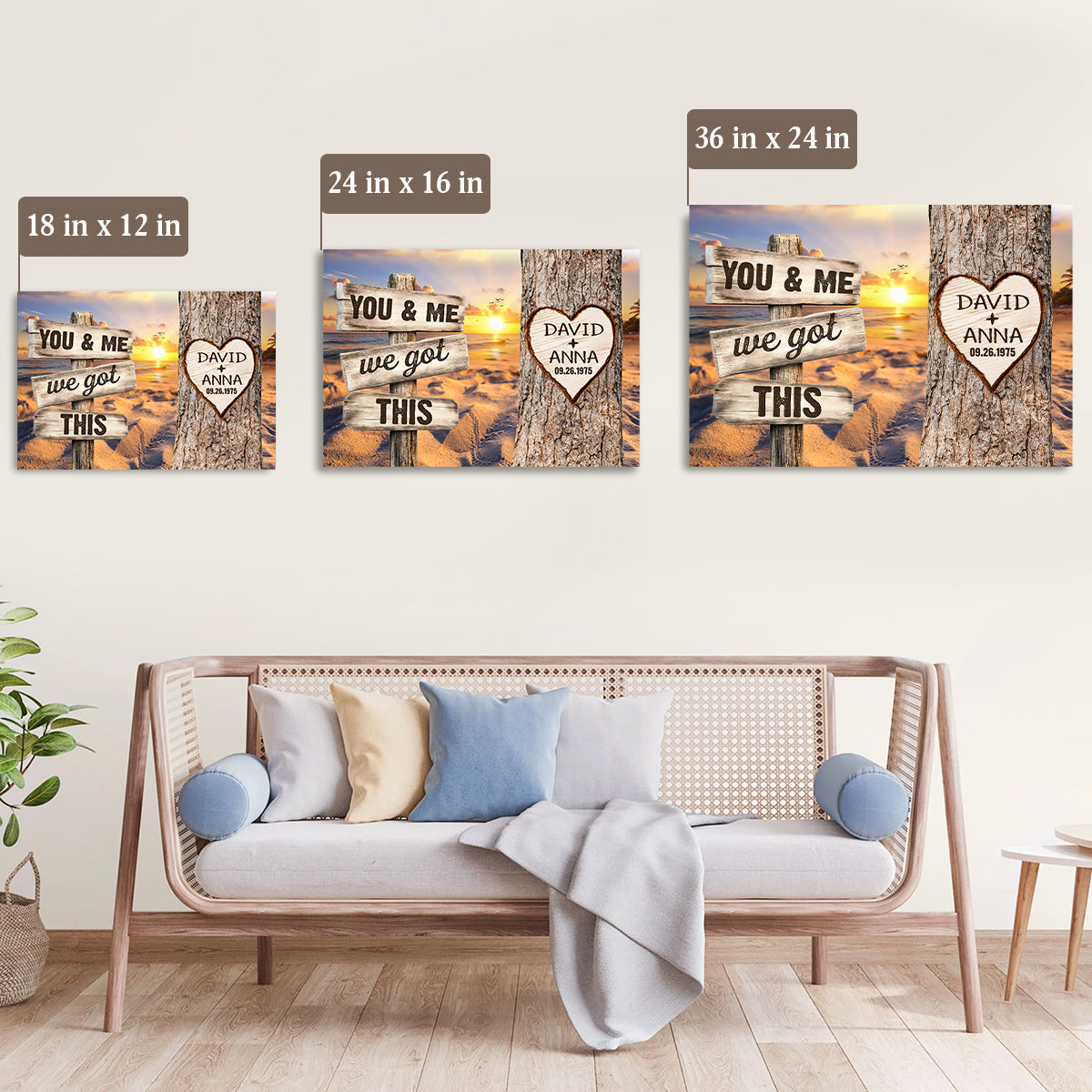 You & Me, We Got Rustic Wood Sign With Tree Heart & Sunset Beach, Personalized Canvas Wall Art, Gifts For Him Her, Poster Prints Wall Decor, Gifts For Valentine Anniversary