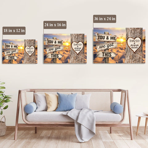 You & Me, We Got Rustic Wood Sign With Tree Heart & Sunset Beach, Personalized Canvas Wall Art, Gifts For Him Her, Poster Prints Wall Decor, Gifts For Valentine Anniversary