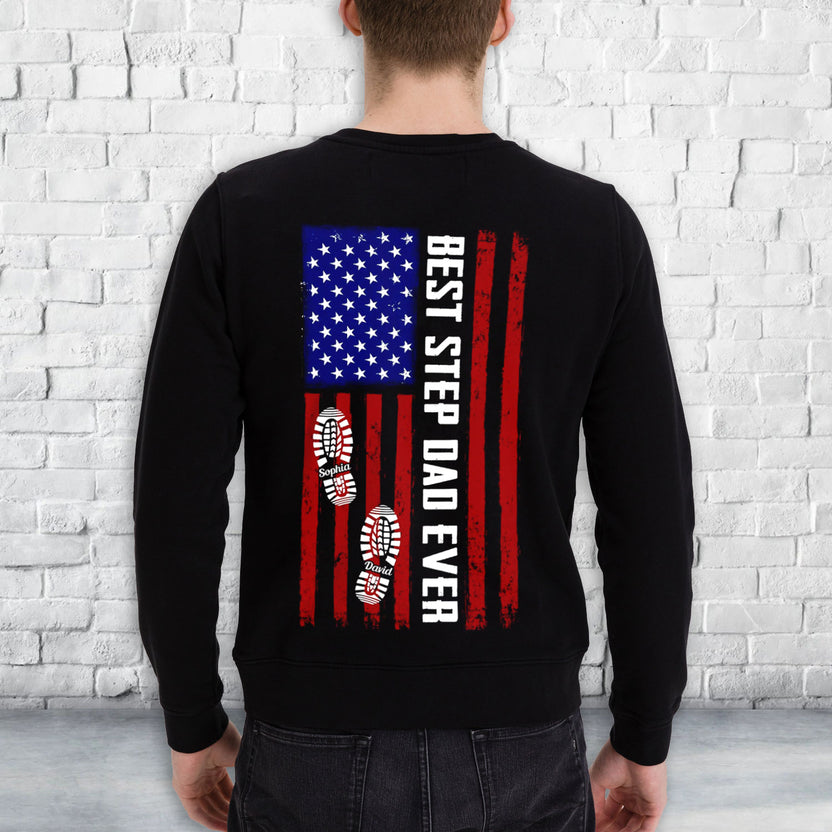 Personalized To My Dad Shirt Funny Dad Gifts From Daughter Son Bonus Dad Ever Flag And Footprinted Back Side  Custom Name Short Sleeve Tops Tee Shirt For Birthday Christmas