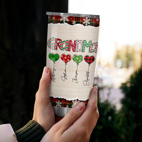 Grandma Christmas Heart Balloons Tumbler, Custom Grandkids Name Travel Cup, Festive Plaid Drinkware, Personalised Grandma Xmas Personalized Tumbler, Gifts For Nana Grandmother