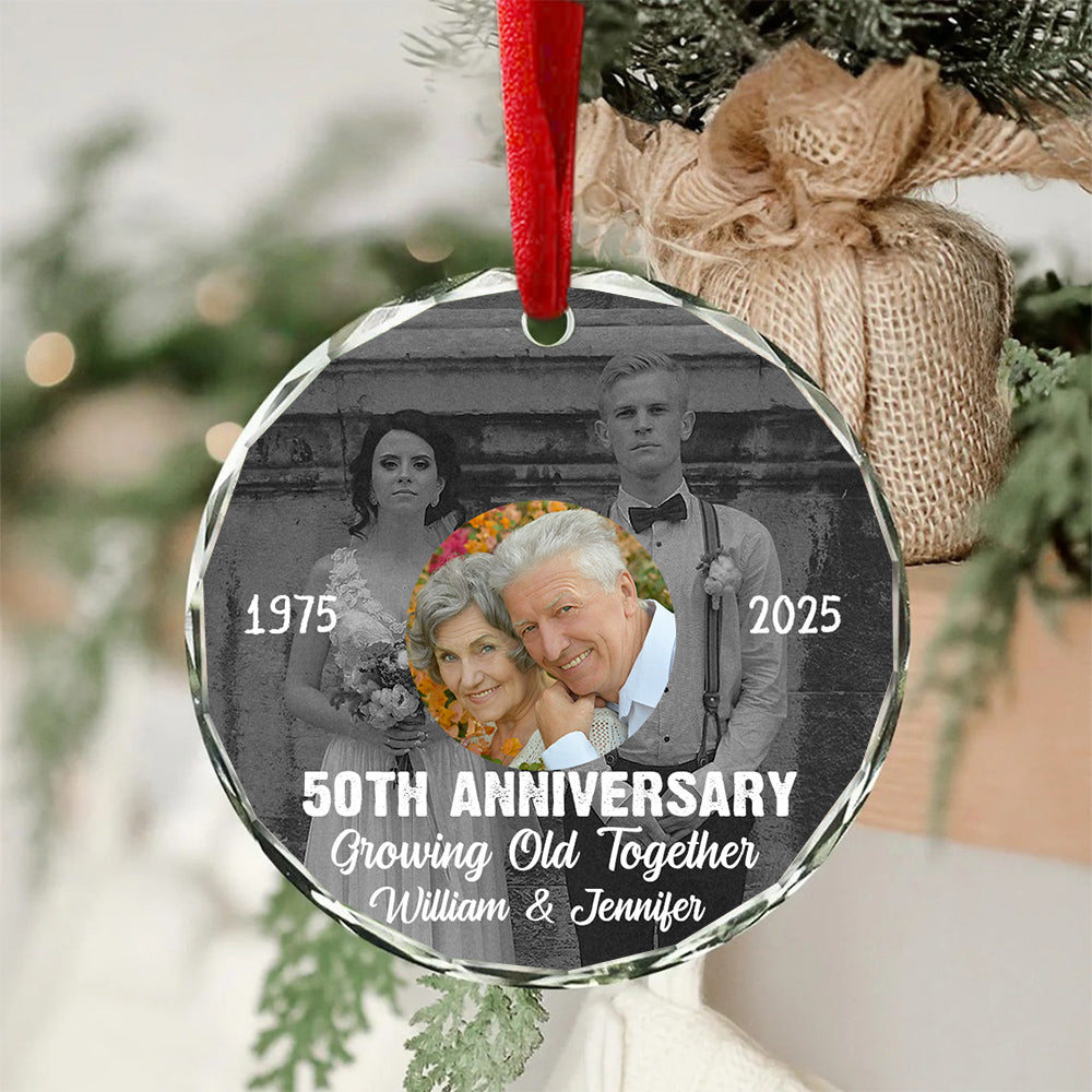 50th Anniversary Growing Old Together Glass Ornament, Then And Now Photo Keepsake, Wedding Memory Decor, Gifts For Parents Family Him Her, Xmas Tree Decor, Gifts For Valentine