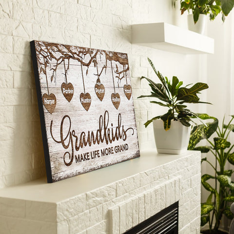 Grandma Gifts, Grandchild Papa And Nana Gifts Grandkids Make Life More Grand Wooden Tree Hearts Personalized Canvas Wall Art, Gifts For Nana Poster Prints Wall Decor, Gifts For Birthday