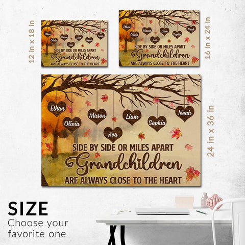 Grandma Gifts, Side By Side Or Miles Apart Grandchildren Are Always Close To The Heart Autumn Tree Heart With Names Canvas Wall Art, Gifts For Nana From Grandkids, Poster Prints Wall