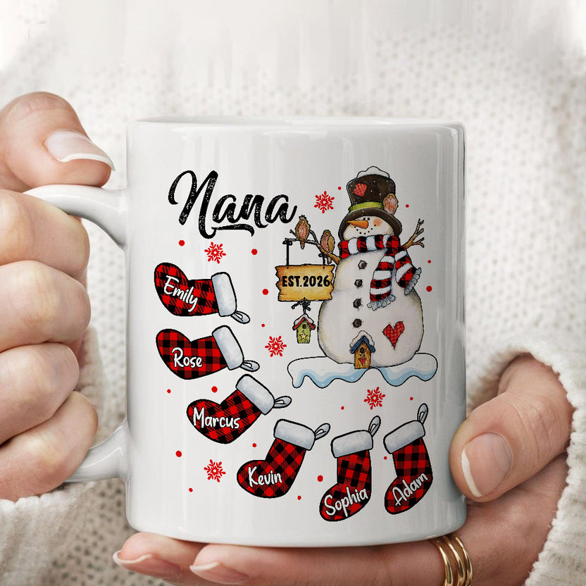 Grandma Gifts, Custom Nana Est Year Mug, Buffalo Plaid Christmas Stocking Cup, Personalized Grandchild Name Drinkware, Holiday Family Drinkware, Festive Drinkware, Personalized Coffee Mug, Gifts For Nana From Grandkids, Novelty Ceramic Cup 11 15oz, Gifts