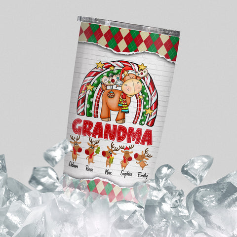 Cute Christmas Rainbow Tumbler, Grandma Custom Grandchildren Names Travel Cup, Winter Drinkware Cup, Rainbow Reindeer Family Names Travel Tumbler, Gifts For Nana From Grandkids, 20oz