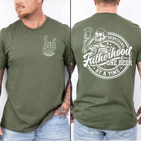 Surviving Fatherhood One Beer At A Time 2 Sides Tshirt, Funny Dad Gift For Dad, Husband, Father Figure, Fatherhood T Shirt, Father’S Day Gag Gift, Humor Shirt For Men, Unisex Regular Fit Crewneck Tee, Casual Clothing