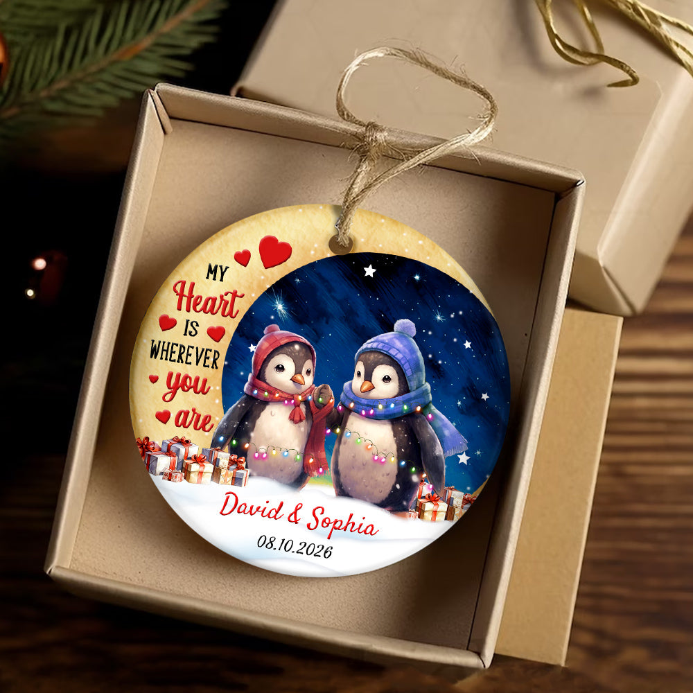 My Heart Is Wherever Cute Penguin Couple Crescents Moon, Romantic Penguin Couple Ornament Keepsake, Holiday Tree Decoration, Gifts For Him Honey Married Couples Him Her Wife Husband