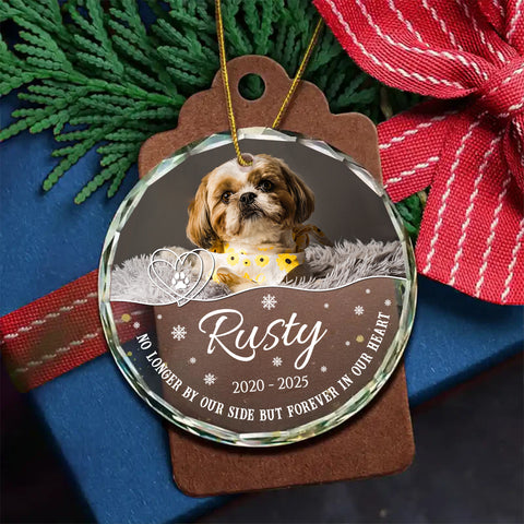 No Longer By Our Side But Forever In Our Heart Glass Circle Ornament, Personalized Pet Memorial Ornament With Photo, Gifts For Loss Of Dog, Tree Decor Christmas Keepsake, Pet Loss Gifts