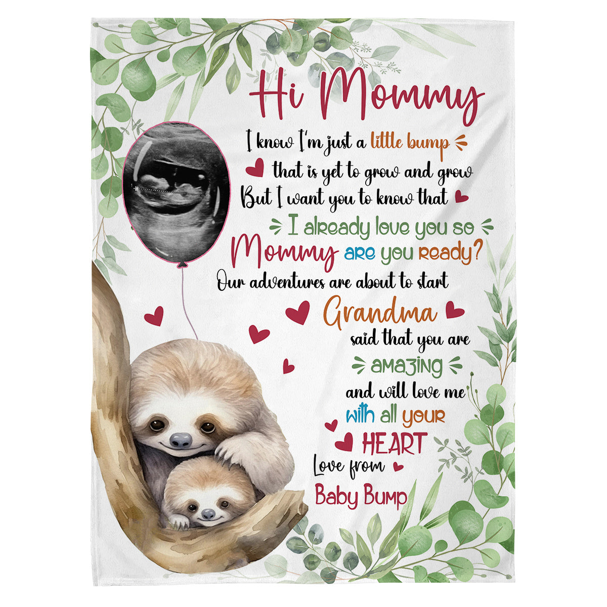 I Already Love You Leaf Mommy Baby Sloth With Balloon Green Leaf, Personalized Blanket, Gifts For New Mommy, Fleece Sherpa, New Mom Blanket, Gifts For Mother's Day