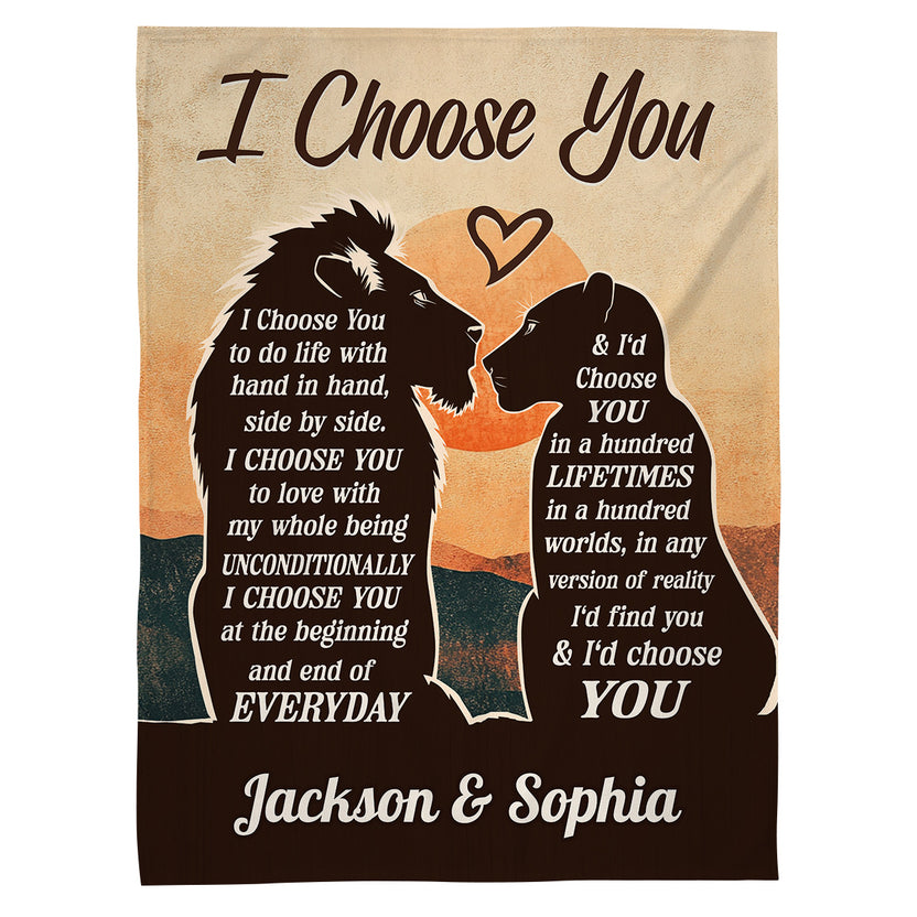 Cute Couple Gifts, Lion Silhouette Vintage I'd Find You & I'd Choose You, Personalized Blanket, Gifts For Him Her From Darling, Custom Fleece Sherpa Blanket For Valentine Anniversary