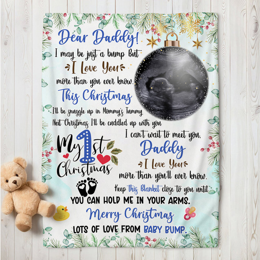 You Can Hold Me In Your Arms Baby Ultrasound With Ball Hanging Tree, Expecting Father First Christmas Blanket, To My Daddy Holiday, Holiday Father, Personalized Blanket With Photo