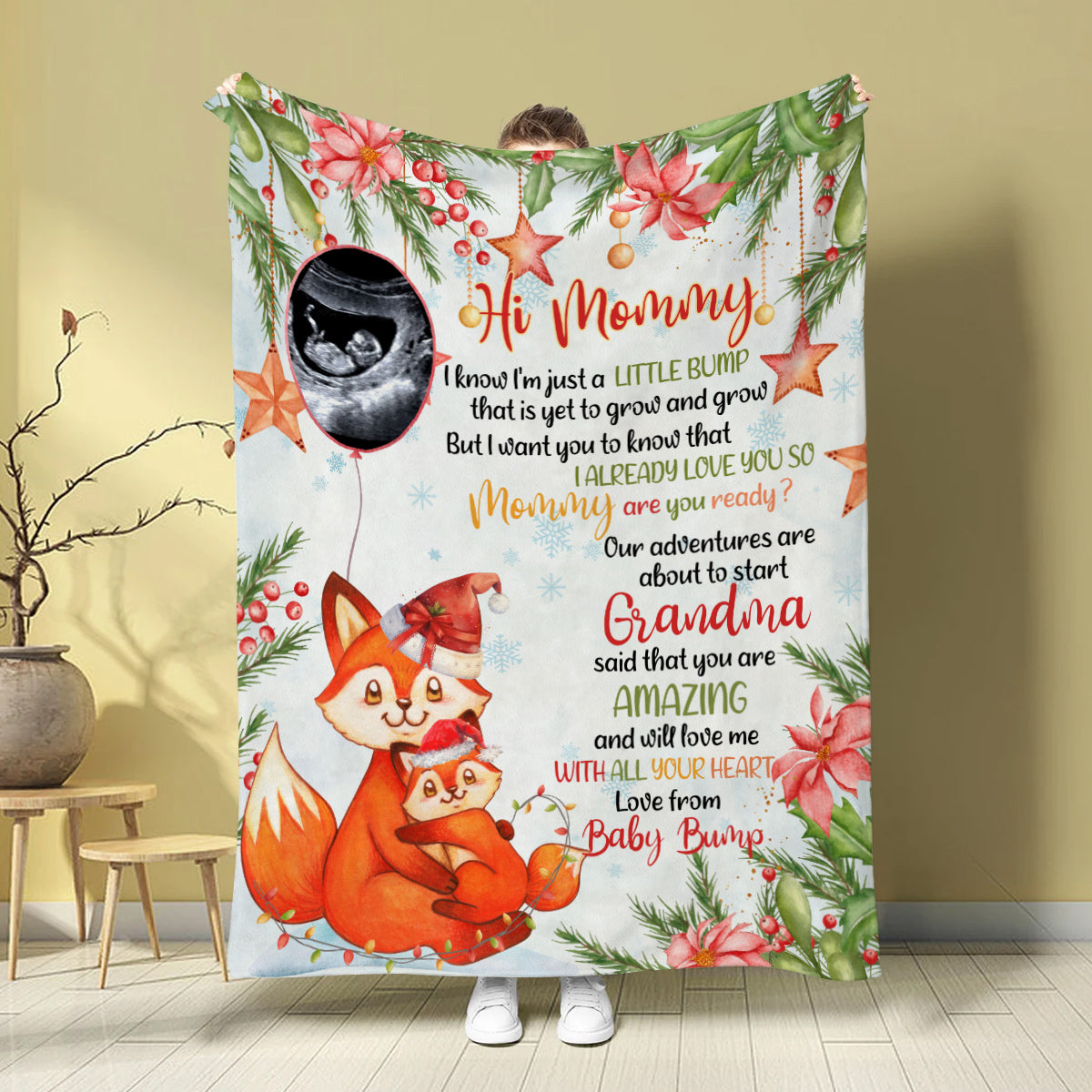 Fox Pregnancy Announcement Blanket From Baby Bump Hi Mommy, Ultrasound Reveal Gifts New Mom And Father, Soft Blanket For Expecting Mother, Cute Christmas Keepsake Gifts For New Parents