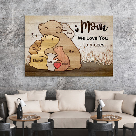 Gifts For Mom, Cute Wooden Pieces Bears Mommy With 5 Kids Hugging, Personalized Canvas Wall Art, Gifts For Mommy Women From Kids Children, Poster Prints Wall Decor, Gifts For Xmas