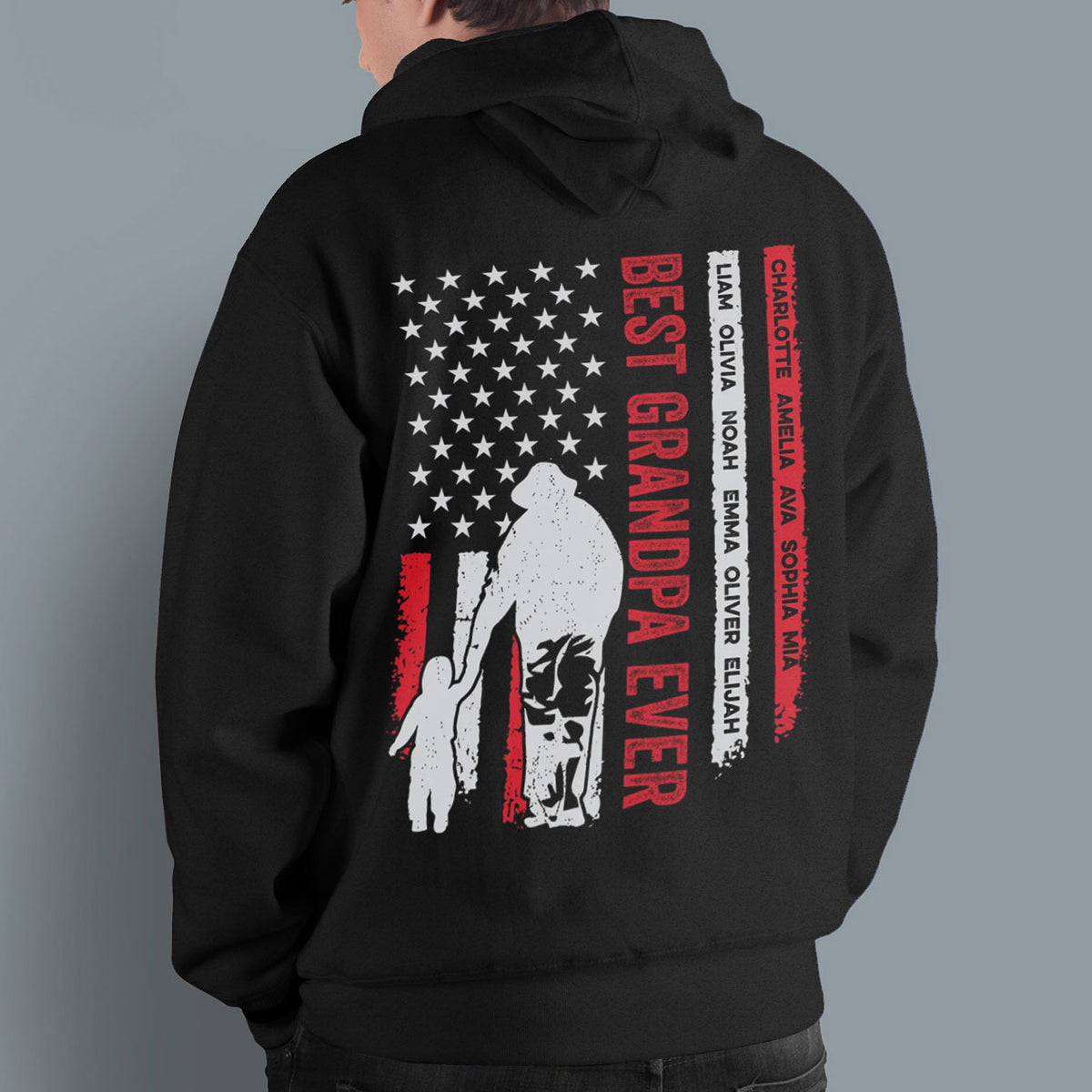 Personalized Shirt For Poppy From Grandchildren Custom Name Grandpa Ever Flag Back Side Printed T-Shirt Grandpa Gifts Shirts For Men Family On Christmas Xmas Hoodie Long Sleeve