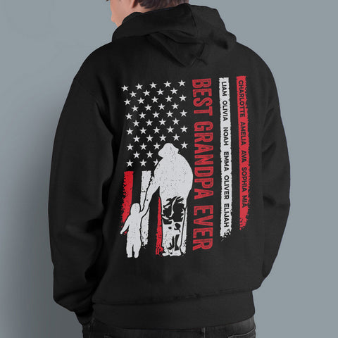 Personalized Shirt For Poppy From Grandchildren Custom Name Grandpa Ever Flag Back Side Printed T-Shirt Grandpa Gifts Shirts For Men Family On Christmas Xmas Hoodie Long Sleeve