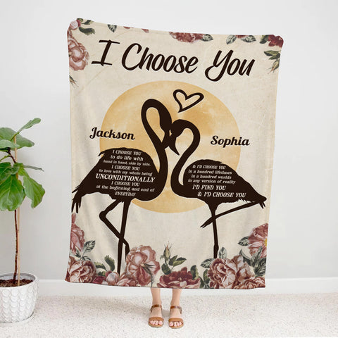 Flamingo Couple Floral Silhouette Vintage I'd Find You & I'd Choose You, Personalized Blanket, Gifts For Him Her Couple