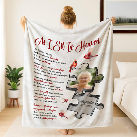 Sympathy Gifts, Memorial Blanket With Photo, In Memory Blanket, Remembrance Words From Heaven, Portrait Image With Symbolic Shape, Watching Over From Heaven Message, Loss Of Mom Dad
