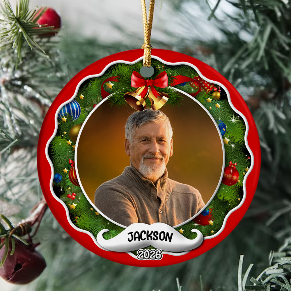Xmas Frame Custom Photo Grandpa Cute With Beard Name & Year, Grandpa Christmas Photo Ornament, Family Christmas Keepsake, Holiday Tree Decoration, Gifts For Mom Dad Daughter Son