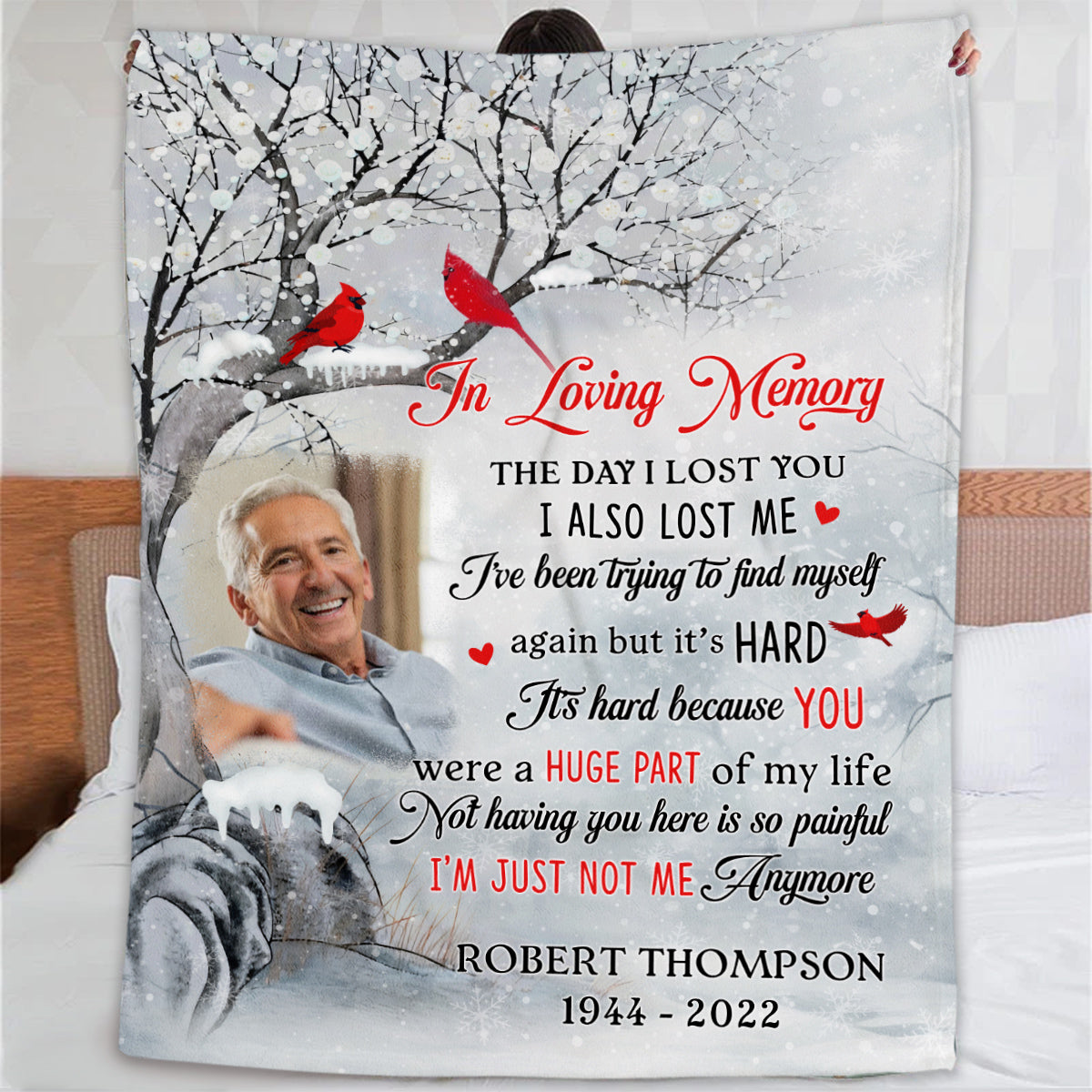 Sympathy Gifts, Personalized Memorial Blanket With Photo, In Loving Memory Tree Red Birds I Lost You I've Been Trying To Find Myself, Loss Of Dad Grandpa Blanket, Fleece Sherpa, Funeral