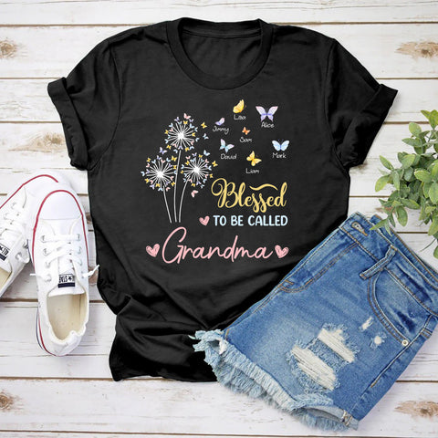 Personalized To My Mimi Gifts For Grandma Blessed To Be Called Grandma Butterflies And Dandelion T-Shirt Custom Names From Grandson For Mother's Day Birthday Christmas Customized Unisex Shirt